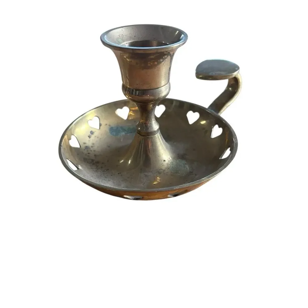 Brass Candlestick Holder Chamber Light Heart Cutouts Small Vintage Unpolished